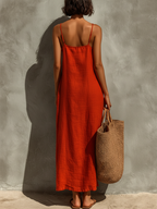 Red Cotton Spaghetti Strap Dress with Square Neck - Boho Resort Wear for Women