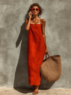 Red Cotton Spaghetti Strap Dress with Square Neck - Boho Resort Wear for Women