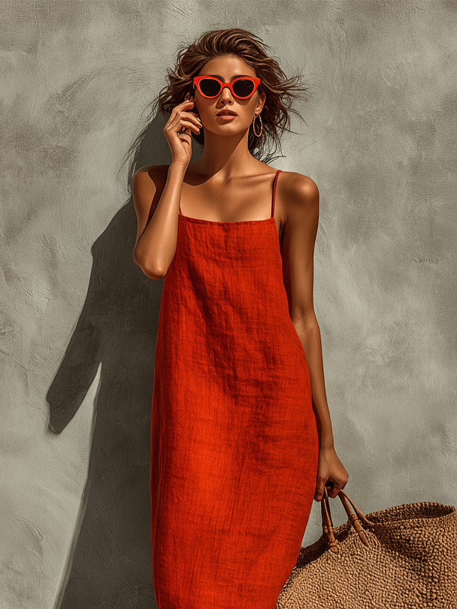 Red Cotton Spaghetti Strap Dress with Square Neck - Boho Resort Wear for Women