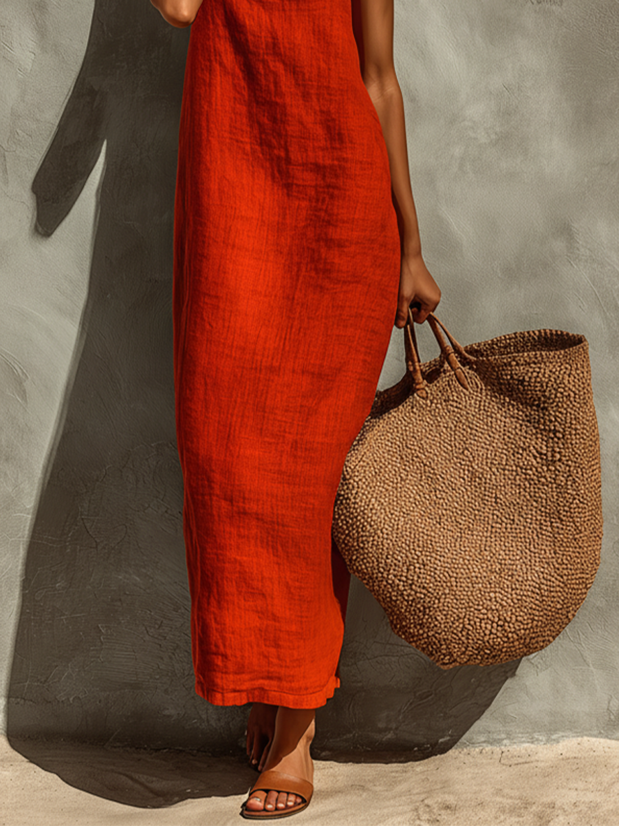 Red Cotton Spaghetti Strap Dress with Square Neck - Boho Resort Wear for Women