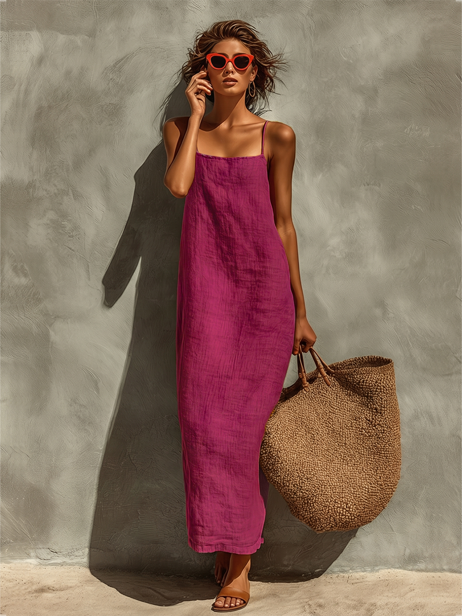 Red Cotton Spaghetti Strap Dress with Square Neck - Boho Resort Wear for Women