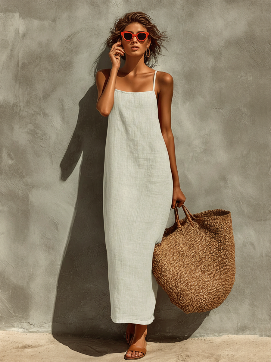 Red Cotton Spaghetti Strap Dress with Square Neck - Boho Resort Wear for Women