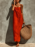 Red Cotton Spaghetti Strap Dress with Square Neck - Boho Resort Wear for Women
