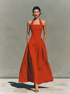 Red Linen Halter Neck Maxi Dress for Women - Elegant Pleated Resort Wear