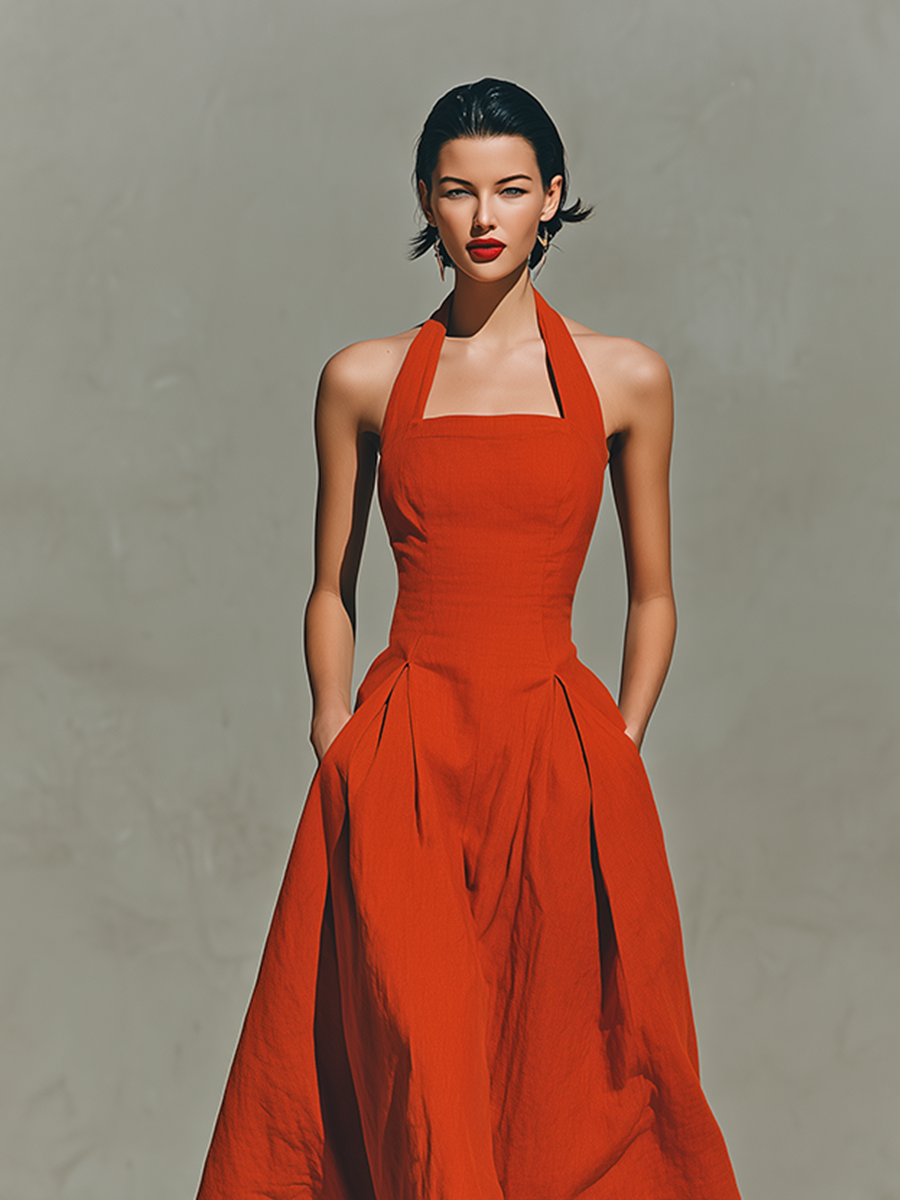 Red Linen Halter Neck Maxi Dress for Women - Elegant Pleated Resort Wear