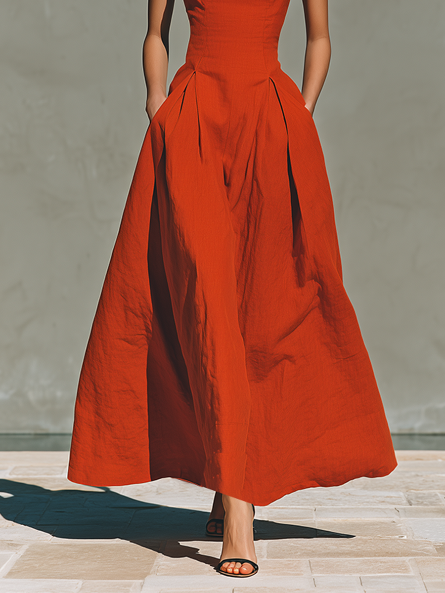 Red Linen Halter Neck Maxi Dress for Women - Elegant Pleated Resort Wear