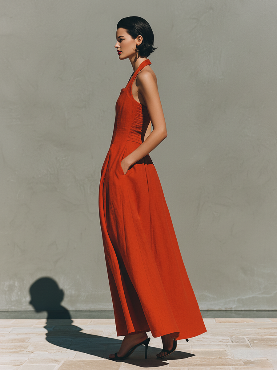 Red Linen Halter Neck Maxi Dress for Women - Elegant Pleated Resort Wear