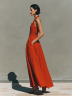Red Linen Halter Neck Maxi Dress for Women - Elegant Pleated Resort Wear