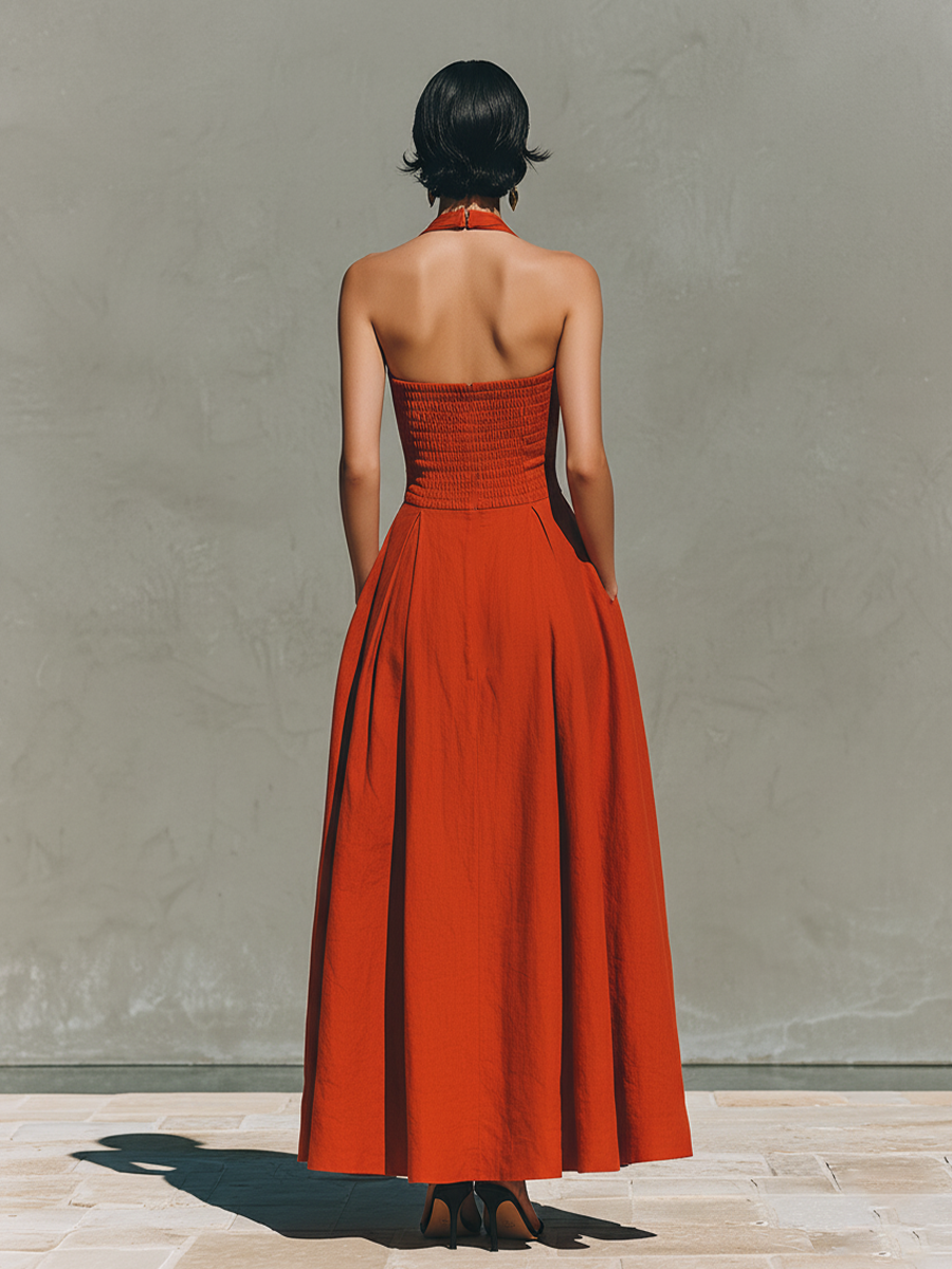 Red Linen Halter Neck Maxi Dress for Women - Elegant Pleated Resort Wear