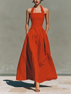Red Linen Halter Neck Maxi Dress for Women - Elegant Pleated Resort Wear