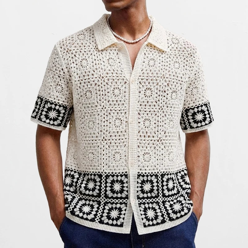 Men's Crochet Knitted Polo Shirt - Short Sleeve Jacquard Cardigan for Summer