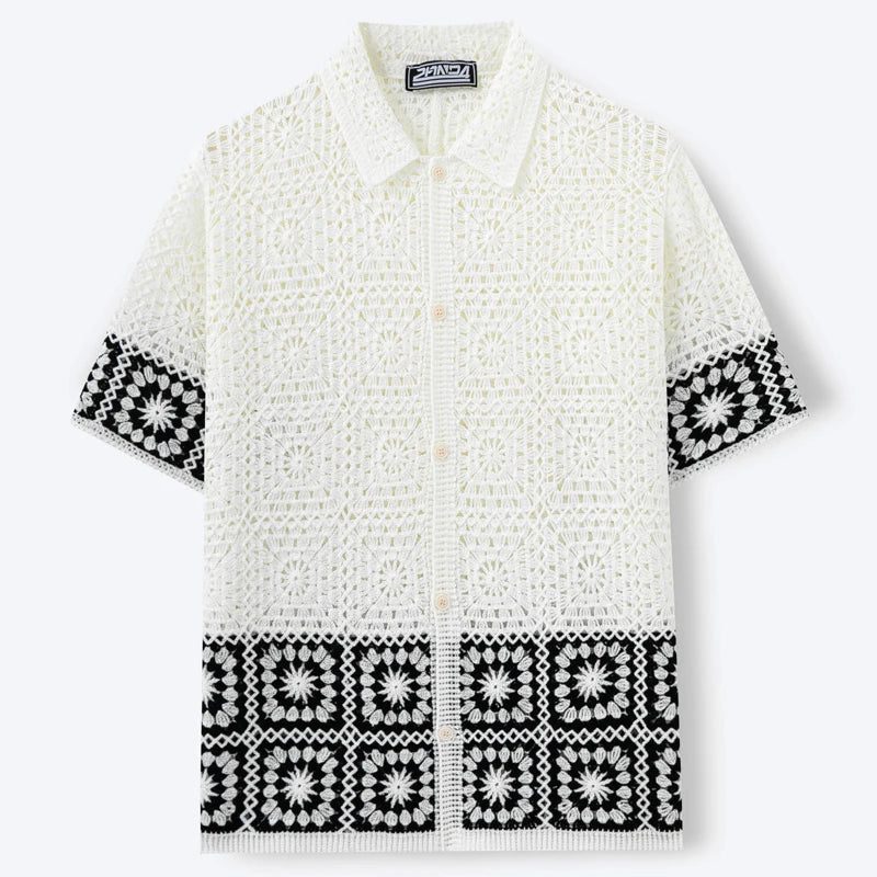 Men's Crochet Knitted Polo Shirt - Short Sleeve Jacquard Cardigan for Summer