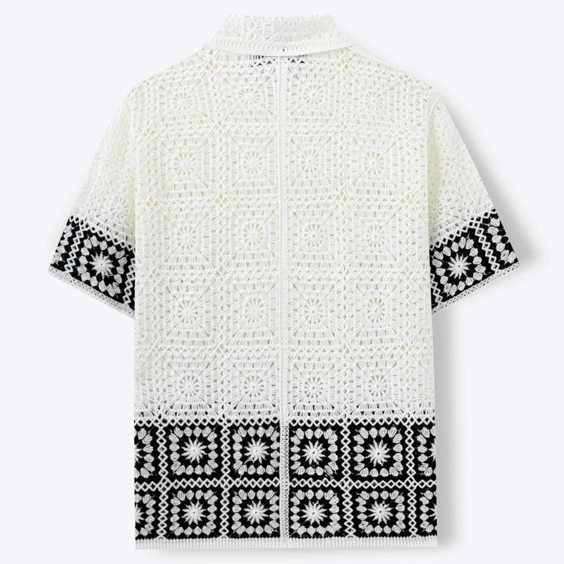 Men's Crochet Knitted Polo Shirt - Short Sleeve Jacquard Cardigan for Summer