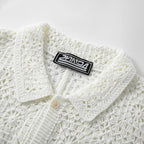 Men's Crochet Knitted Polo Shirt - Short Sleeve Jacquard Cardigan for Summer