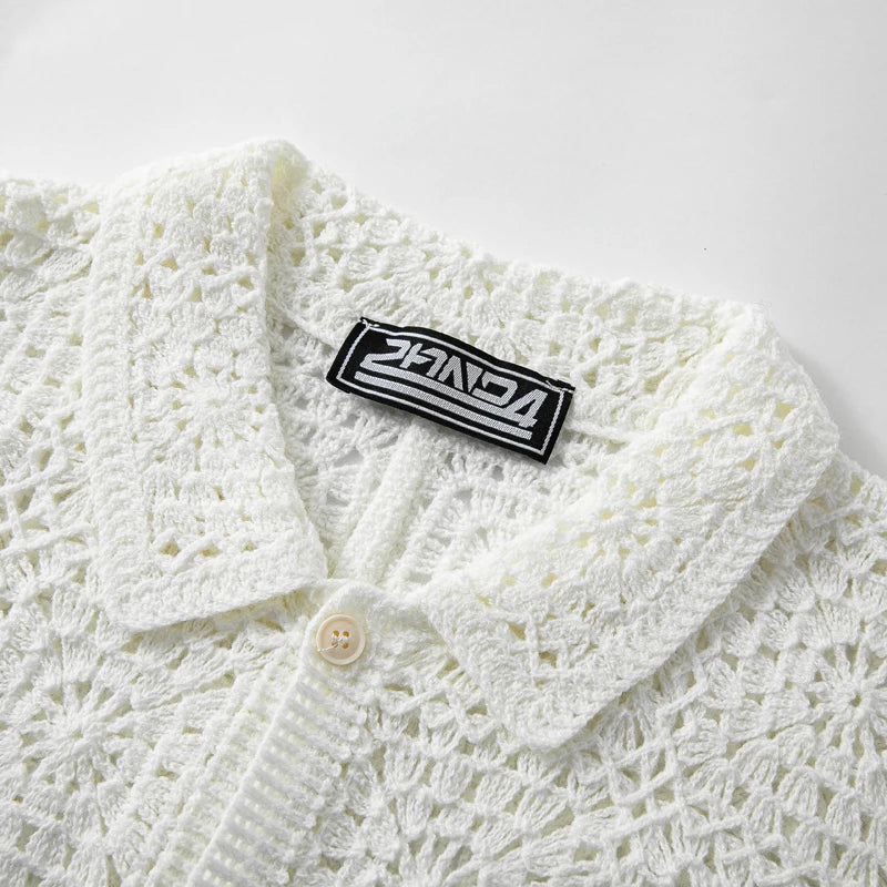 Men's Crochet Knitted Polo Shirt - Short Sleeve Jacquard Cardigan for Summer