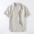 Men's Linen Button-Up Shirt - Breathable Band Collar - Casual Relaxed Fit