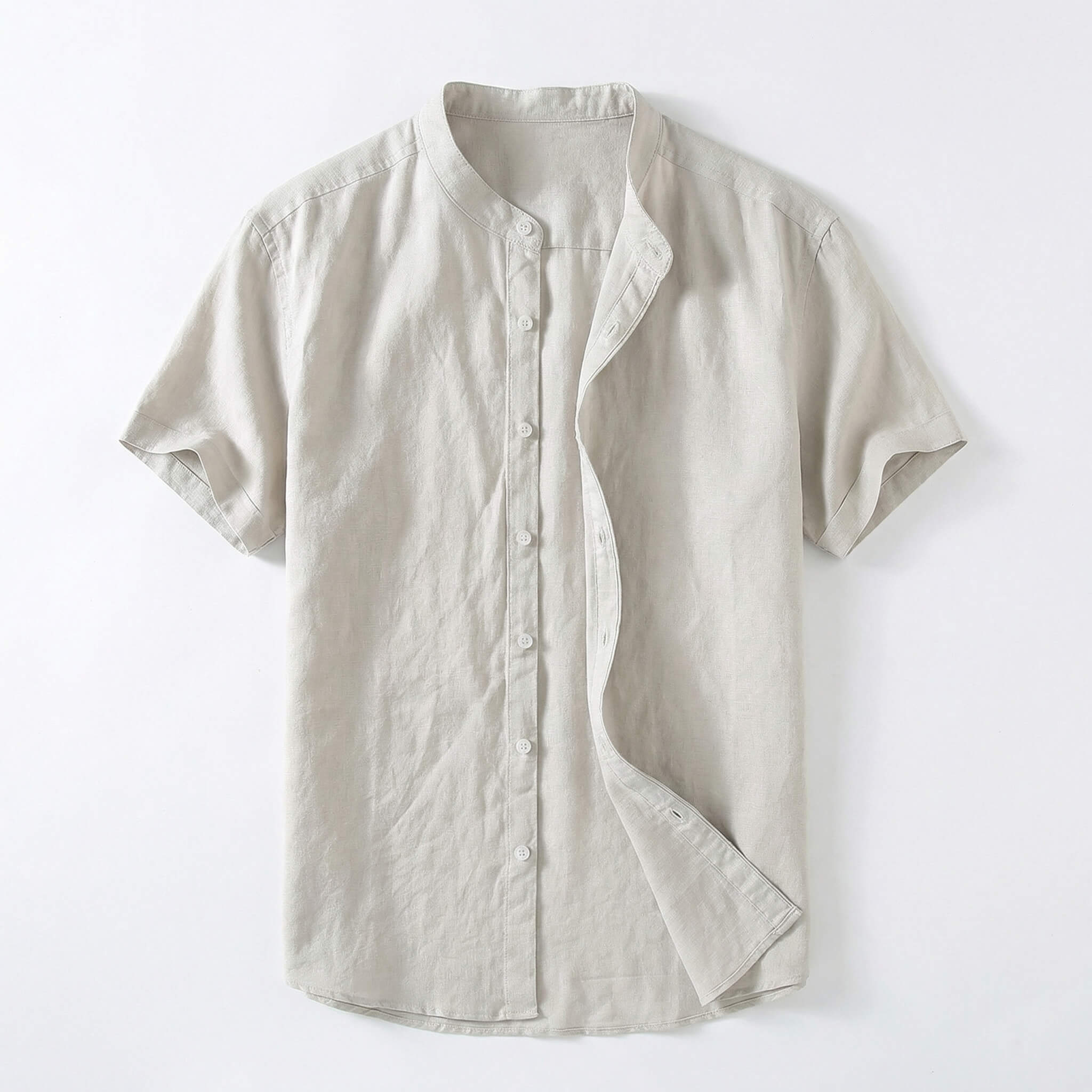 Men's Linen Button-Up Shirt - Breathable Band Collar - Casual Relaxed Fit