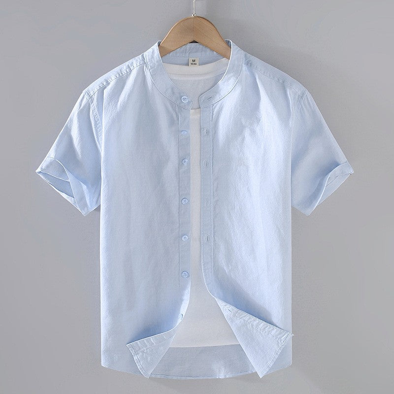 Men's Linen Button-Up Shirt - Breathable Band Collar - Casual Relaxed Fit