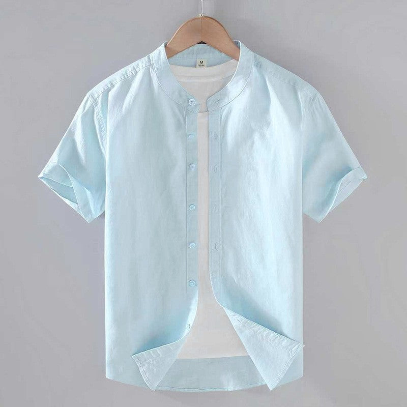 Men's Linen Button-Up Shirt - Breathable Band Collar - Casual Relaxed Fit
