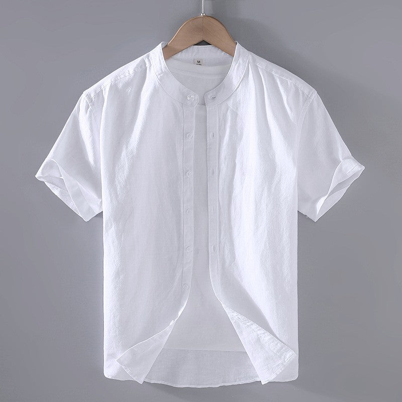 Men's Linen Button-Up Shirt - Breathable Band Collar - Casual Relaxed Fit