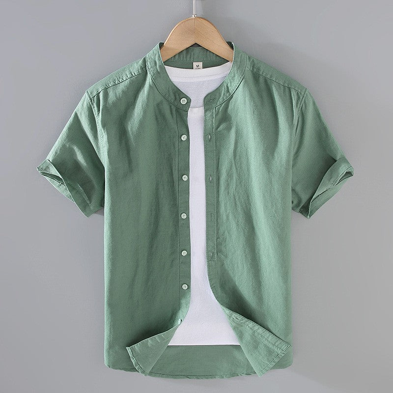 Men's Linen Button-Up Shirt - Breathable Band Collar - Casual Relaxed Fit