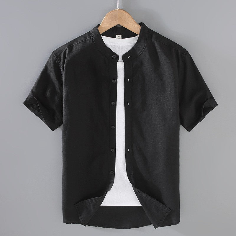 Men's Linen Button-Up Shirt - Breathable Band Collar - Casual Relaxed Fit