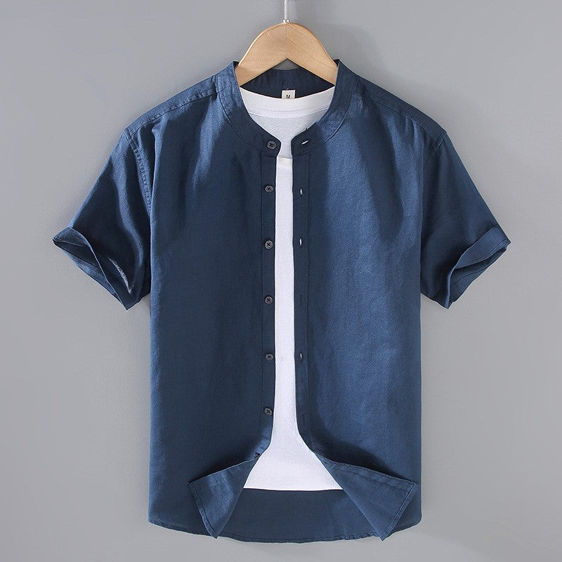 Men's Linen Button-Up Shirt - Breathable Band Collar - Casual Relaxed Fit