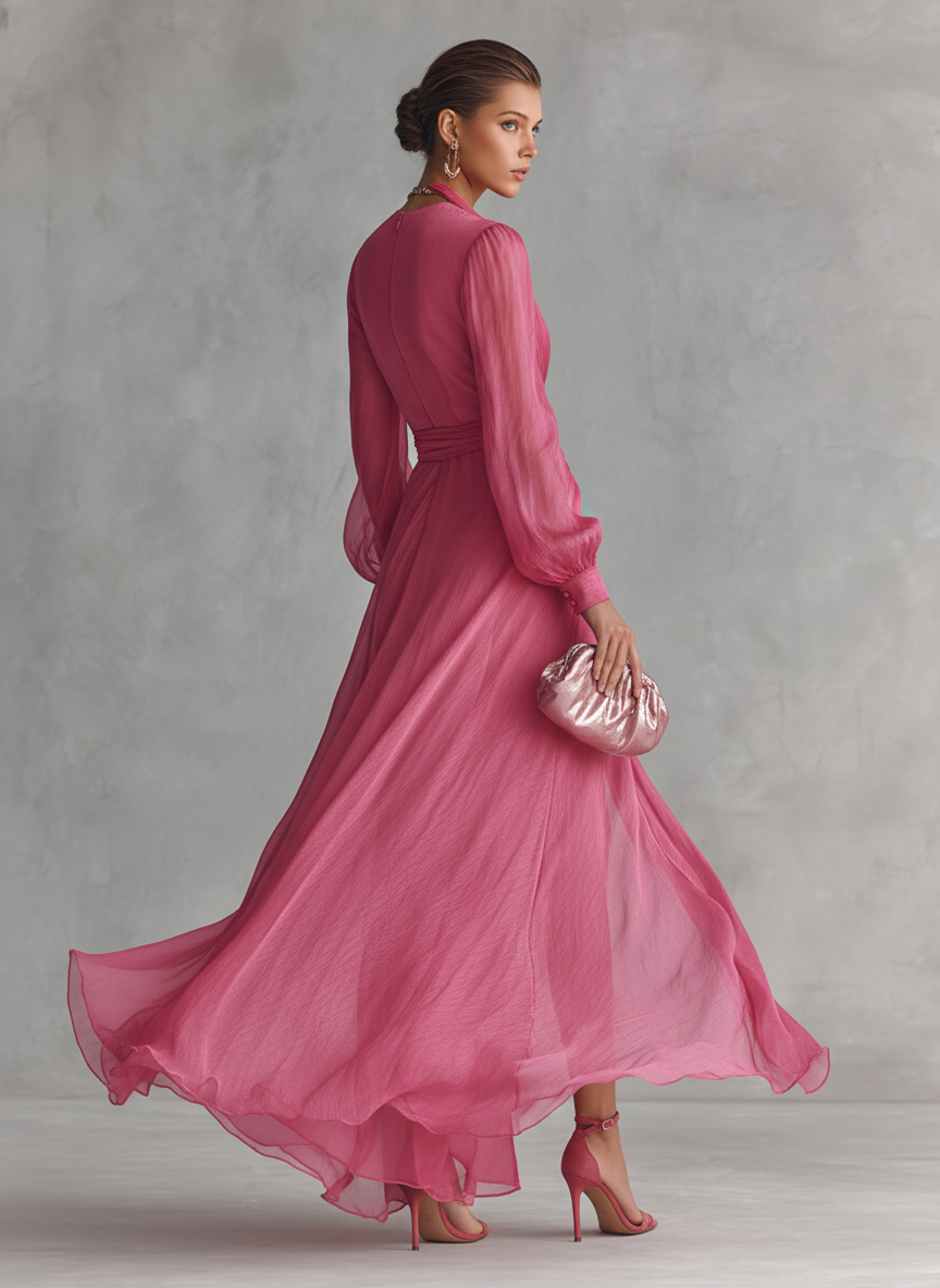 Rose Pink Chiffon V-Neck Tie-Waist A-Line Evening Dress with Slit
