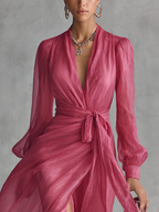 Rose Pink Chiffon V-Neck Tie-Waist A-Line Evening Dress with Slit