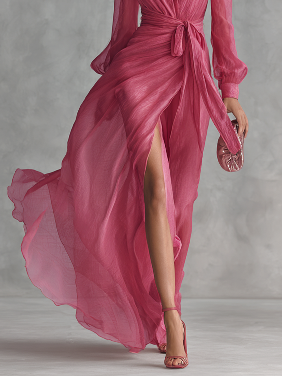 Rose Pink Chiffon V-Neck Tie-Waist A-Line Evening Dress with Slit