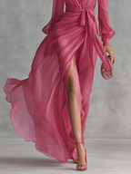 Rose Pink Chiffon V-Neck Tie-Waist A-Line Evening Dress with Slit