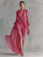 Rose Pink Chiffon V-Neck Tie-Waist A-Line Evening Dress with Slit
