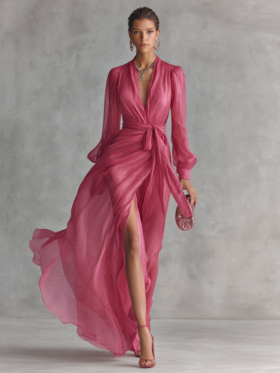 Rose Pink Chiffon V-Neck Tie-Waist A-Line Evening Dress with Slit