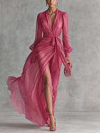 Rose Pink Chiffon V-Neck Tie-Waist A-Line Evening Dress with Slit