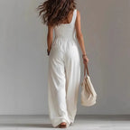 V-Neck Button Wide Leg Jumpsuit - High Waist Sleeveless Summer Romper