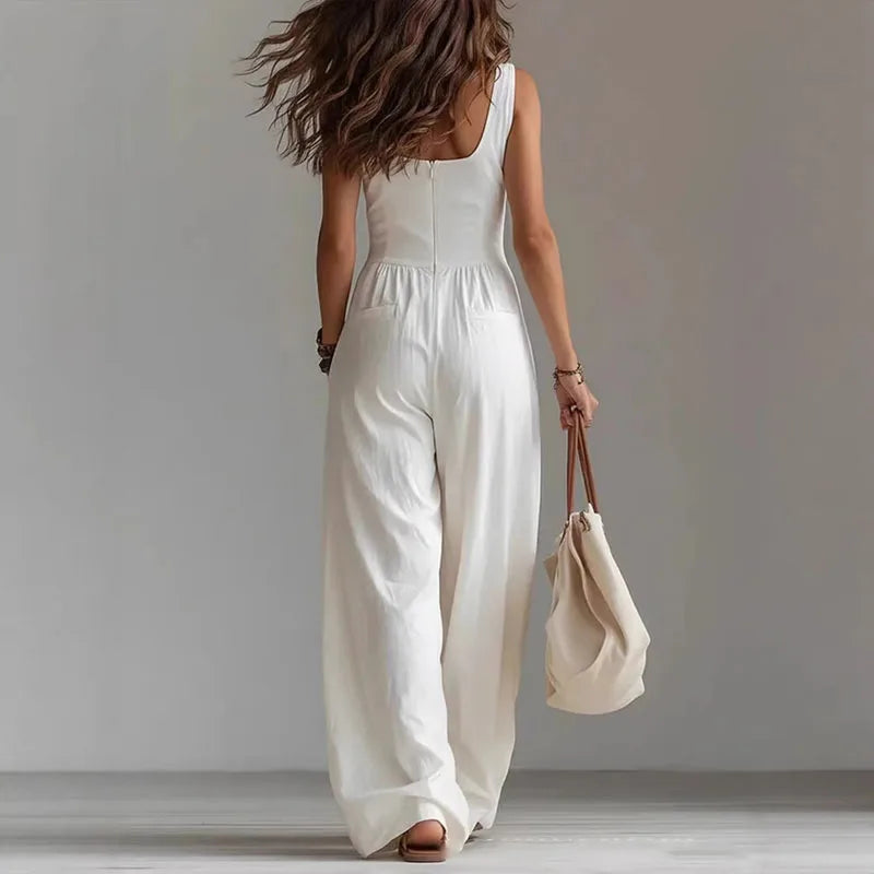 V-Neck Button Wide Leg Jumpsuit - High Waist Sleeveless Summer Romper