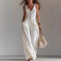 V-Neck Button Wide Leg Jumpsuit - High Waist Sleeveless Summer Romper