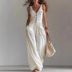 V-Neck Button Wide Leg Jumpsuit - High Waist Sleeveless Summer Romper