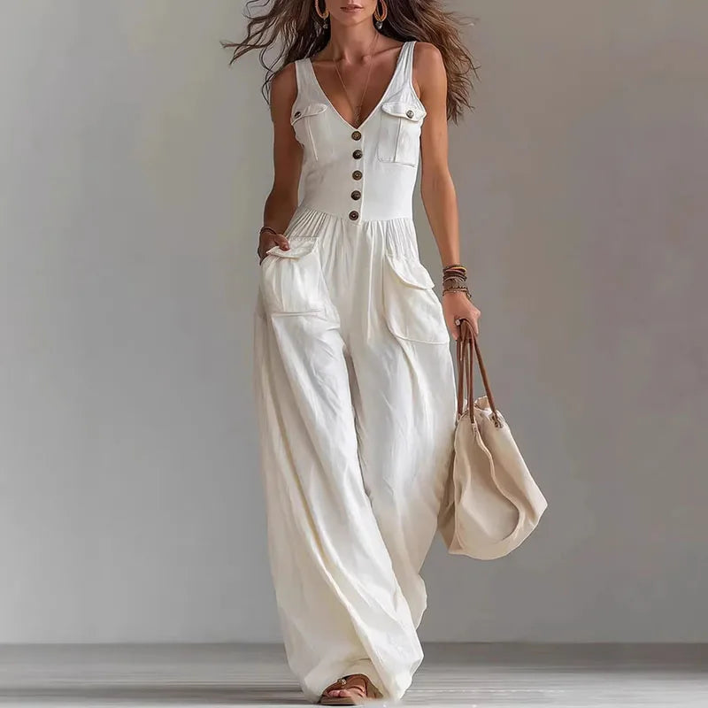 V-Neck Button Wide Leg Jumpsuit - High Waist Sleeveless Summer Romper