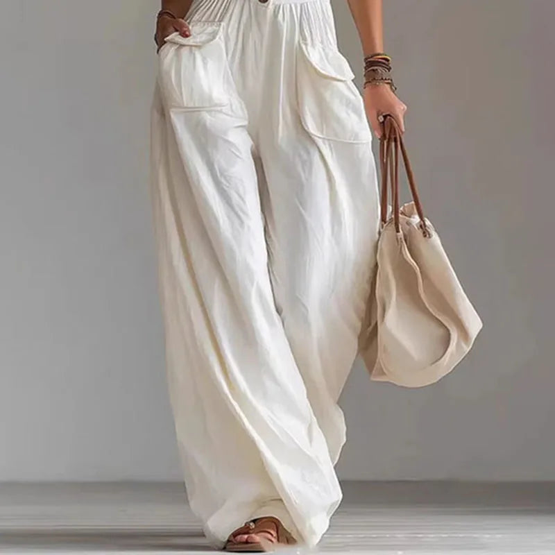 V-Neck Button Wide Leg Jumpsuit - High Waist Sleeveless Summer Romper