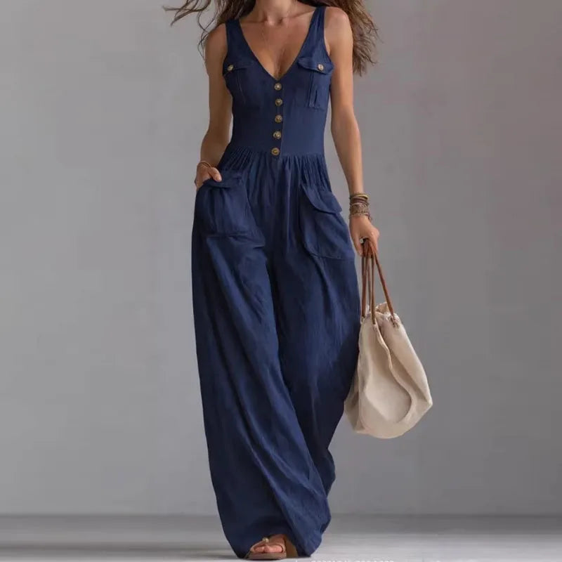 V-Neck Button Wide Leg Jumpsuit - High Waist Sleeveless Summer Romper
