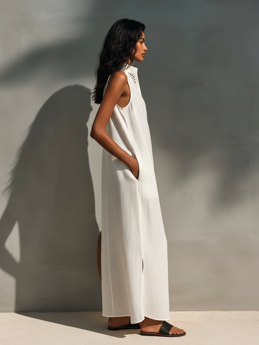 Sleeveless Maxi Dress with Cutout Neckline - Lightweight Summer Style for Women