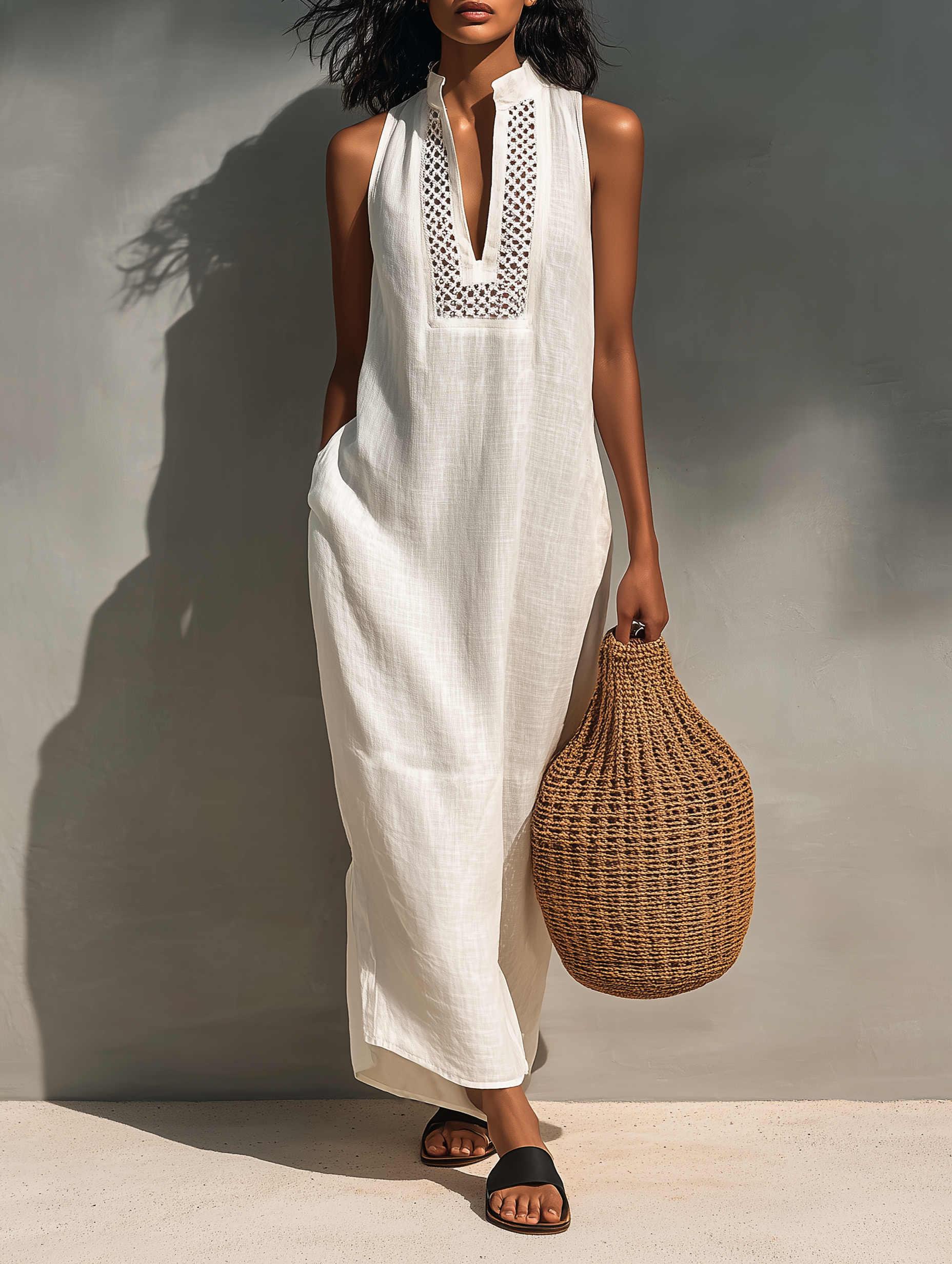 Sleeveless Maxi Dress with Cutout Neckline - Lightweight Summer Style for Women