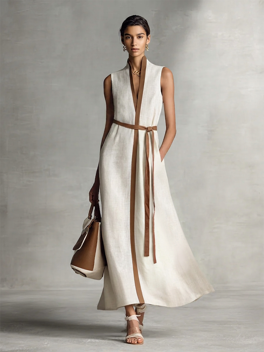 Sleeveless V-Neck Cotton Linen Maxi Dress with Tie-Waist for Women