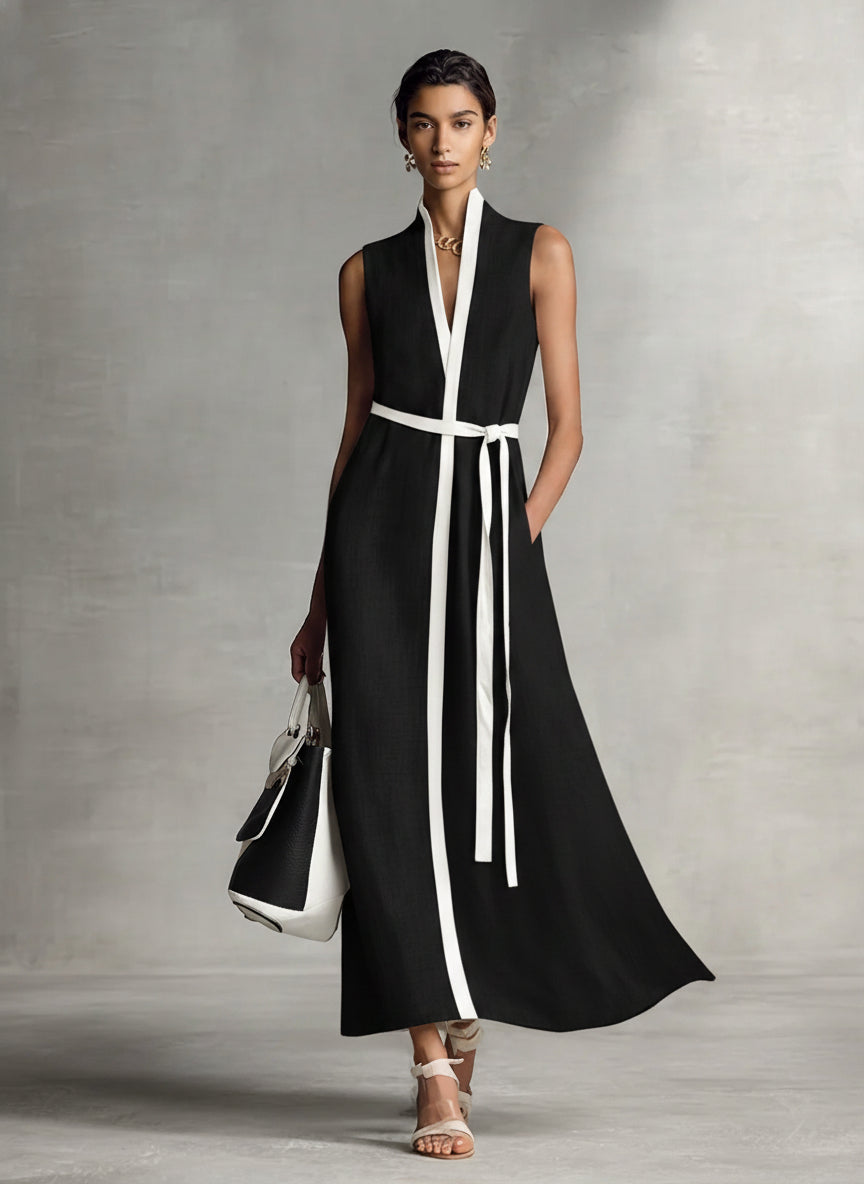 Sleeveless V-Neck Cotton Linen Maxi Dress with Tie-Waist for Women