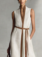 Sleeveless V-Neck Cotton Linen Maxi Dress with Tie-Waist for Women
