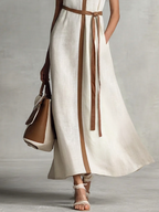 Sleeveless V-Neck Cotton Linen Maxi Dress with Tie-Waist for Women