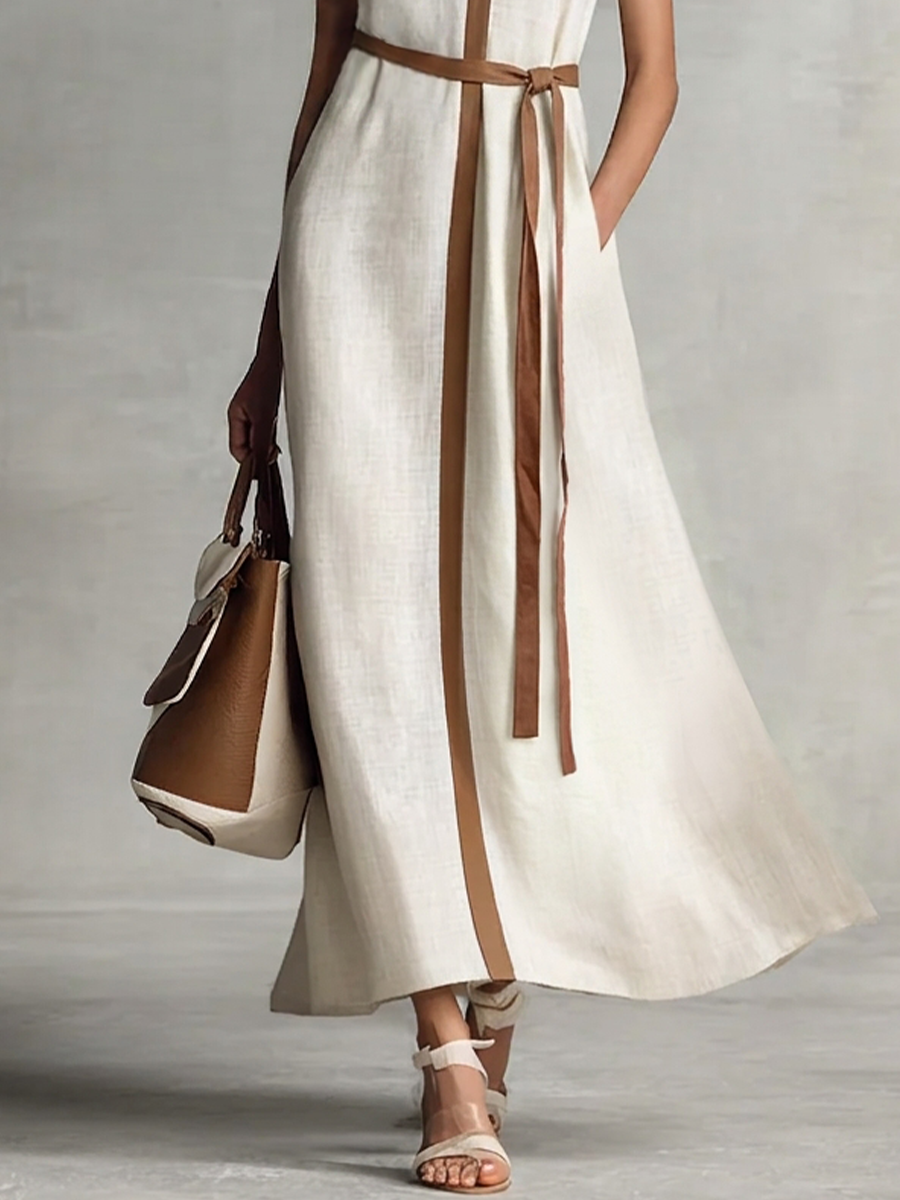 Sleeveless V-Neck Cotton Linen Maxi Dress with Tie-Waist for Women