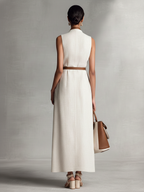 Sleeveless V-Neck Cotton Linen Maxi Dress with Tie-Waist for Women