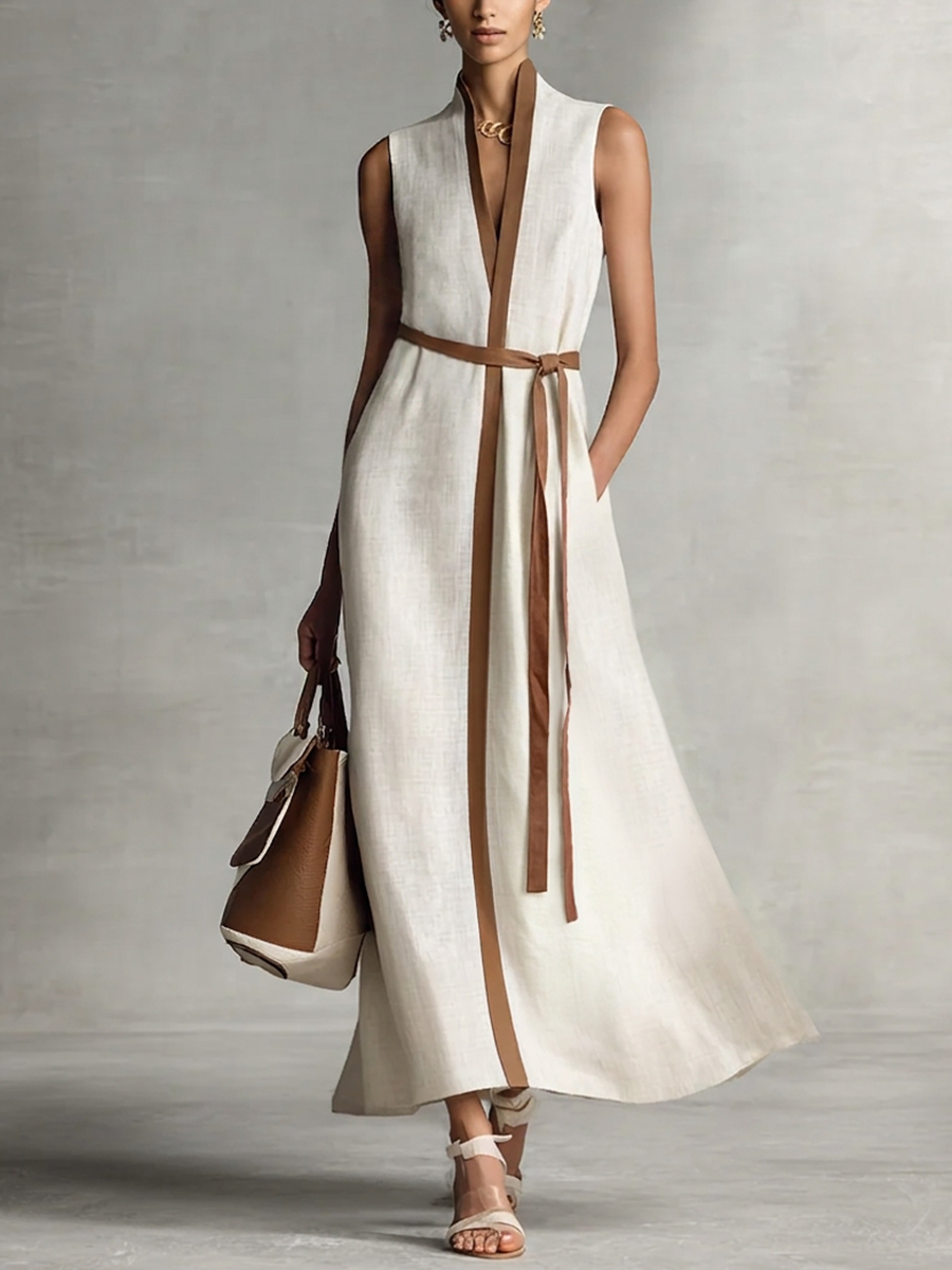 Sleeveless V-Neck Cotton Linen Maxi Dress with Tie-Waist for Women